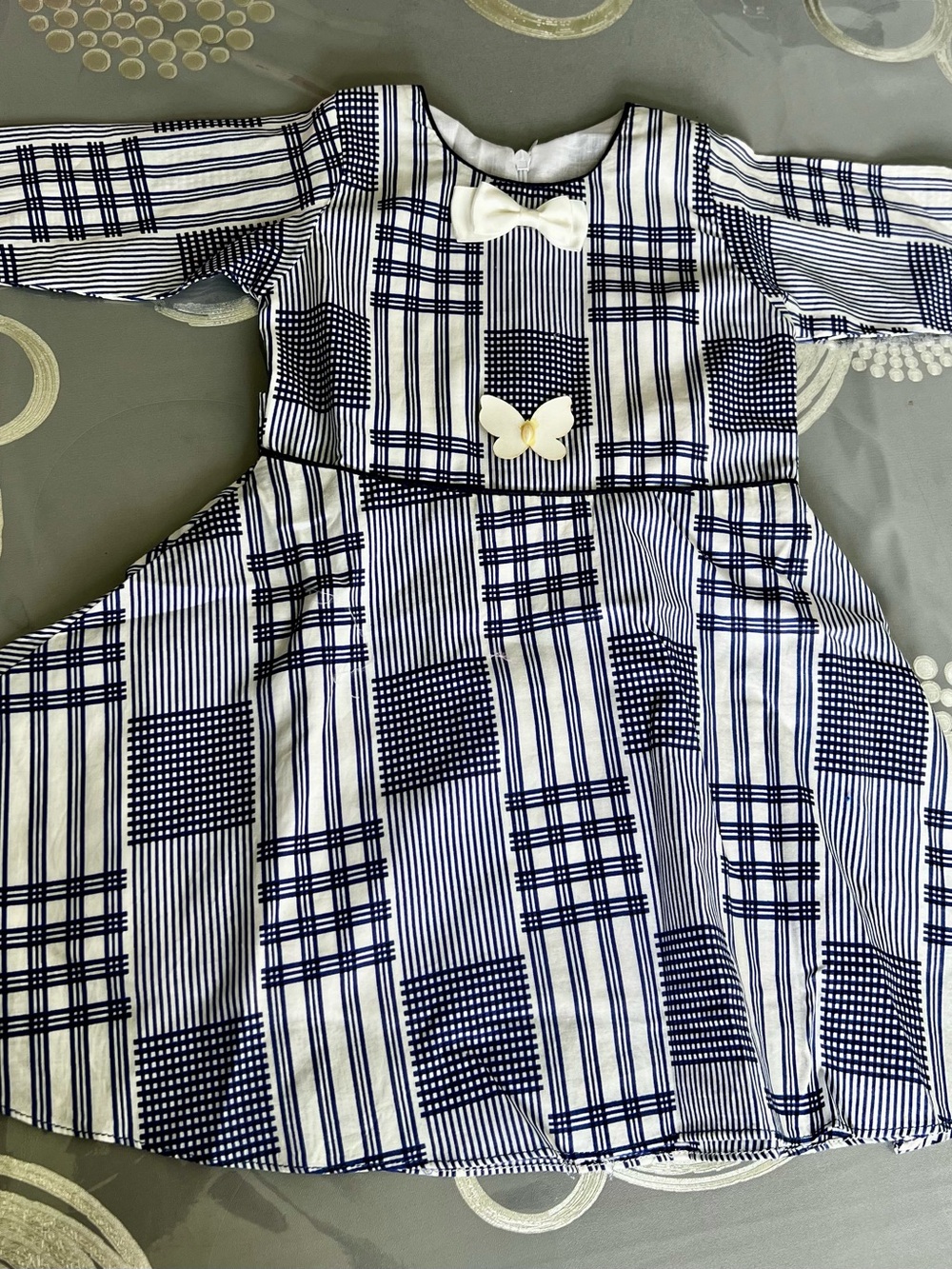 Navy and White Plaid Kids Dress with Bow and Butterfly Accent